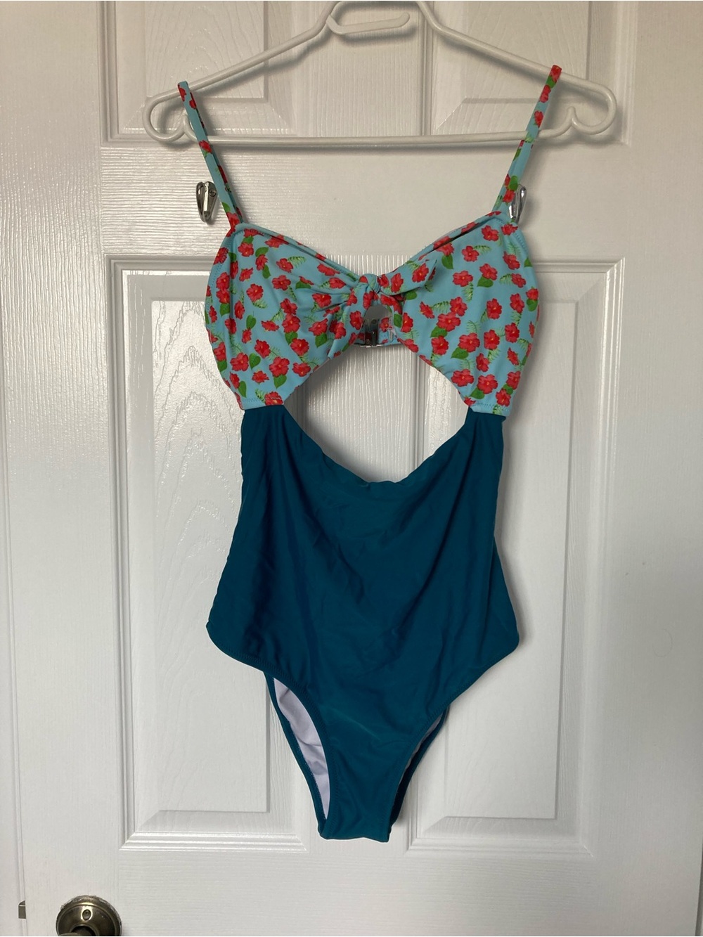 Women’s Floral Bow One-Piece Swimsuit in Aqua and Teal